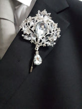 Load image into Gallery viewer, 10PCS Coutonniere, buttonhole. Ladies dress corsage, Groom,usher Silver brooch rhinestone drop, Wedding Buttonhole Pin by Crystal wedding uk