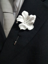 Load image into Gallery viewer, White Flower Boutonniere: Rhinestone Wedding Buttonhole