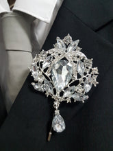 Load image into Gallery viewer, 10PCS Coutonniere, buttonhole. Ladies dress corsage, Groom,usher Silver brooch rhinestone drop, Wedding Buttonhole Pin by Crystal wedding uk