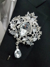 Load image into Gallery viewer, 10PCS Coutonniere, buttonhole. Ladies dress corsage, Groom,usher Silver brooch rhinestone drop, Wedding Buttonhole Pin by Crystal wedding uk