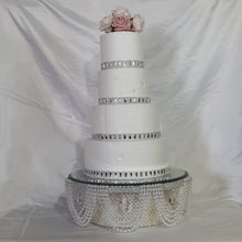 Load image into Gallery viewer, Pearl & Crystal Wedding Cake Stand: Rhinestone Drape, Mirror Top