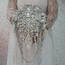 Load image into Gallery viewer, Crystal Brooch Wedding Bouquet: Silver jewel bridal Cascade Design