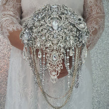 Load image into Gallery viewer, Crystal Brooch Wedding Bouquet: 10" Jewel Cascade, Grooms Buttonhole