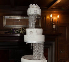 Load image into Gallery viewer, Tall 3-Tier Crystal Chandelier Wedding Cake Stand with LED Lights – Illuminated Cake Display