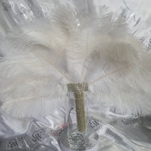 Load image into Gallery viewer, White Ostrich Feather Fan: Gold Rhinestone Crystal Wedding Bouquet