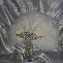 Load image into Gallery viewer, White Ostrich Feather Fan: Gold Rhinestone Crystal Wedding Bouquet
