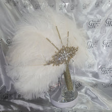 Load image into Gallery viewer, White Ostrich Feather Fan: Gold Rhinestone Crystal Wedding Bouquet