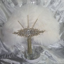 Load image into Gallery viewer, White Ostrich Feather Fan: Gold Rhinestone Crystal Wedding Bouquet