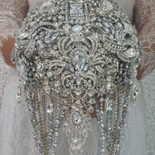Load image into Gallery viewer, Crystal Brooch Wedding Bouquet: 10" Jewel Cascade, Grooms Buttonhole