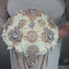 Load image into Gallery viewer, Rose gold Brooch and Pearl drape bouquet by Crystal wedding uk