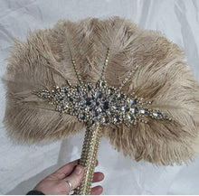 Load image into Gallery viewer, Vintage Champagne Ostrich Feather Bridal Fan: Rhinestone Crystal Handle