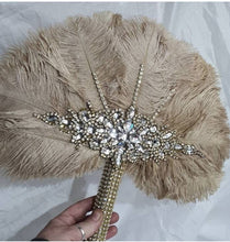 Load image into Gallery viewer, Vintage Champagne Ostrich Feather Bridal Fan: Rhinestone Crystal Handle