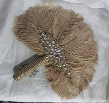 Load image into Gallery viewer, Vintage Champagne Ostrich Feather Bridal Fan: Rhinestone Crystal Handle