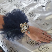 Load image into Gallery viewer, Feather Wrist Corsage: Rhinestone Brooch, 1920s Gatsby Style