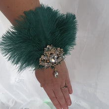 Load image into Gallery viewer, Feather Wrist Corsage: Rhinestone Brooch, 1920s Gatsby Style