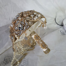 Load image into Gallery viewer, Gold Brooch bouquet, Jewel crystal wedding bouquet. Crystal Bridal Brooch Bouquet, cascade Jewel bouquet by Crystal wedding uk