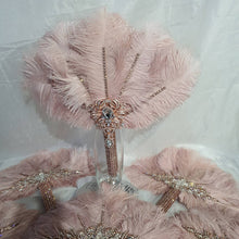 Load image into Gallery viewer, Set of blush pink 6 Feather Fan bouquets, Ostrich feathers, wedding style 1920's - any colour as custom made by Crystal wedding uk