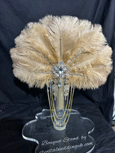 Load image into Gallery viewer, Gold Bridal Feather Fan Bouquet, 1920s Gatsby Rhinestone Brooch