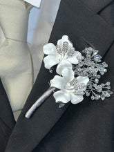 Load image into Gallery viewer, White Flower Rhinestone Wedding Boutonniere: Silver Ribbon Stem