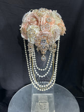 Load image into Gallery viewer, Bridal blush brooch pearl flower bouquet, rhinestone bridal flowers by crystal wedding UK