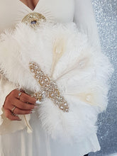 Load image into Gallery viewer, Peacock, Ostrich Rose gold,,gold or silver tone- Feather Fan bouquet Artificial alternative Bouquet Great Gatsby wedding style -