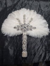 Load image into Gallery viewer, White Feather Fan ,wedding hand fan bouquet bridal Ostrich feather bouquet, Gatsby by Crystal wedding uk
