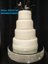 Load image into Gallery viewer, Crystal Rhinestone cake stand, diamante cake base, mirror top + 3 meters of matching cake trim by Crystal wedding uk