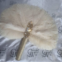 Load image into Gallery viewer, Brides lvory Feather 14in Fan, personalised brooch bouquet, Alternative Bouquet artificial by Crystal wedding uk