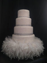 Load image into Gallery viewer, Diamante and Feather surround wedding cake stand riser - all sizes- many sizes and colours by Crystal wedding uk