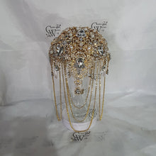 Load image into Gallery viewer, Gold Brooch bouquet, Jewel crystal wedding bouquet. Crystal Bridal Brooch Bouquet, cascade Jewel bouquet by Crystal wedding uk
