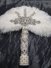 Load image into Gallery viewer, White Feather Fan ,wedding hand fan bouquet bridal Ostrich feather bouquet, Gatsby by Crystal wedding uk