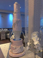 Load image into Gallery viewer, Crystal cake sepearator, diamante cake stand, chandelier wedding cake stand, faux-glass crystal plus led fairy lights by Crystal wedding uk