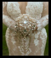 Load image into Gallery viewer, Gold Crystal Brooch Bridal Bouquet – Glam Art Deco Cascade, Handmade Luxury Wedding Bouquet