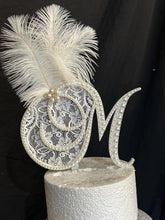 Load image into Gallery viewer, Pearl Monogram Cake Topper: Lace & Feather, Gatsby Style Initial (6")