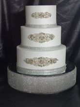 Load image into Gallery viewer, Crystal Rhinestone cake stand, diamante cake base, mirror top + 3 meters of matching cake trim by Crystal wedding uk