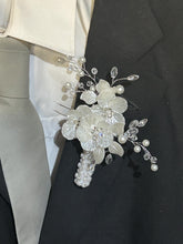 Load image into Gallery viewer, Ivory flower boutionerre lapel pin for groom and groomsmen, bouquet by crystal wedding uk