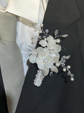 Load image into Gallery viewer, Ivory flower boutionerre lapel pin for groom and groomsmen, bouquet by crystal wedding uk