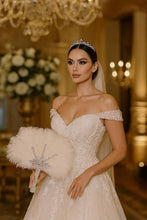 Load image into Gallery viewer, Ostrich Feather Fan Wedding Bouquet: Rhinestone & Pearl Detail