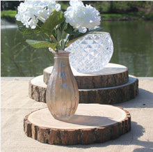 Load image into Gallery viewer, Personalized Wood Slice Cake Stand, Engraved Rustic Wedding Display stand, Personalised Engraved log Slice, Engagment Dessert Display Board