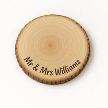 Load image into Gallery viewer, Personalised log Slice Cake Stand, Engraved Rustic wooden Wedding Display stand, Personalized Engraved tree slice, Engagement Dessert Board