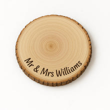 Load image into Gallery viewer, Personalized log Slice Cake Stand, Engraved Rustic wooden Wedding Display stand, Personalised Engraved log Slice, Engagment Dessert Board