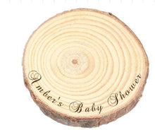 Load image into Gallery viewer, Personalized log Slice Cake Stand, Engraved Rustic wooden Wedding Display stand, Personalised Engraved log Slice, Engagement Dessert Board