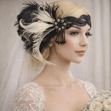 Load image into Gallery viewer, black ivory and Headband, The Great Gatsby Headband 1920s Flapper Feather Headband headpiece Gold, Champagne rhinestone Fascinator Hair Clip