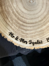 Load image into Gallery viewer, Personalized log Slice Cake Stand, Engraved Rustic wooden Wedding Display stand, Personalised Engraved log Slice, Engagment Dessert Board