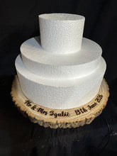 Load image into Gallery viewer, Personalized Wood Slice Cake Stand, Engraved Rustic Wedding Display stand, Personalised Engraved log Slice, Engagement Dessert Display Board
