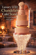 Load image into Gallery viewer, Chandelier Cake Stand 12″ LED Lights – Crystal Wedding Cake Display Stand – Luxury Acrylic & Lights Cake Holder