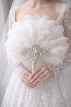 Load image into Gallery viewer, Gold Bridal Fan, Bridal brooch Bouquet, Ostrich alternative large eather Fan, Ivory Gatsby 1920s art deco wedding, 1920's bridal fan gift