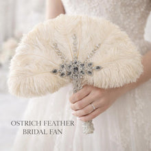 Load image into Gallery viewer, Ostrich Feather Fan Wedding Bouquet – Crystal & Pearl Bridal Fan, Gatsby Alternative Bridal Bouquet, Handmade Feather Bridal Accessory