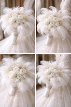 Load image into Gallery viewer, Luxury white feather & rose , vintage-glam, couture bridalbouquet