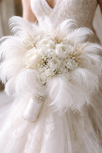 Load image into Gallery viewer, Luxury white feather & rose , vintage-glam, couture bridalbouquet